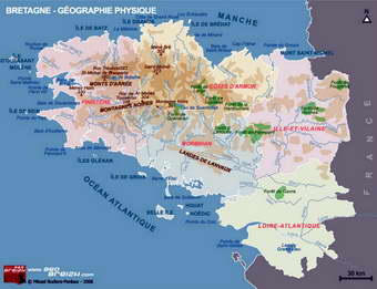 Carte de la géographie physique de la Bretagne