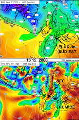 Mto du Brianonnais - Situation du 16 dcembre 2008- Analyse des humidits et du flux  500 hpa (vers 5000 m)