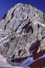 Barre des Écrins (4102 m) - Face sud-est, entre le pilier sud à gauche et l'éperon central à droite