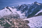 Tr la Tte - Aiguille de la Brangre (3425 m) et Dmes de Miage (3673 m) - Col Infranchissable (3349 m) - Mont Blanc (4808 m) - Aiguilles de Tr la Tte (3930 m) et des Glaciers (3816 m)
