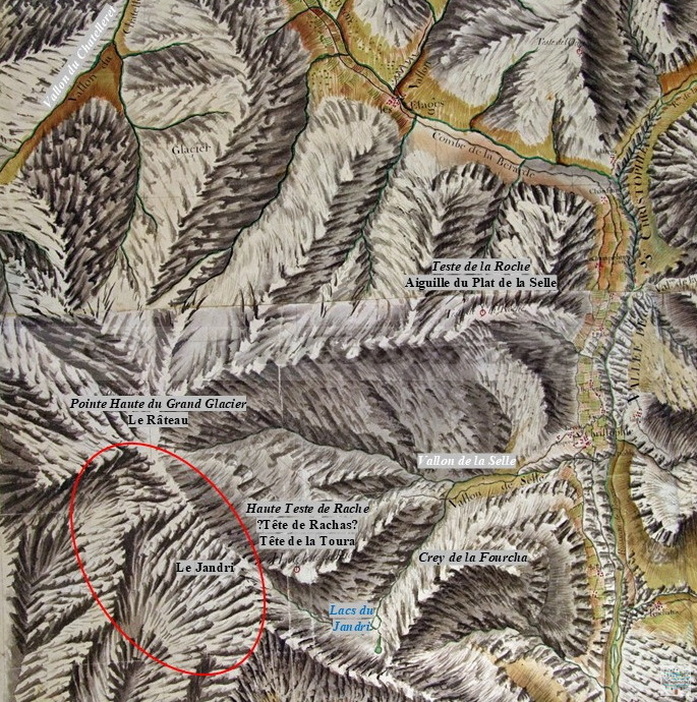 Extrait des Minutes de la carte de Bourcet de la Saigne, secteur du Grand Glacier