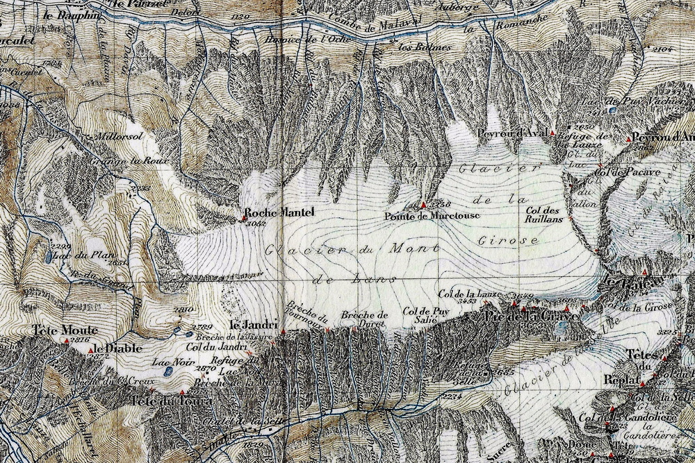 Extrait de la carte du Haut-Dauphiné de H. Duhamel, centré sur le Glacier du Mont-de-Lans