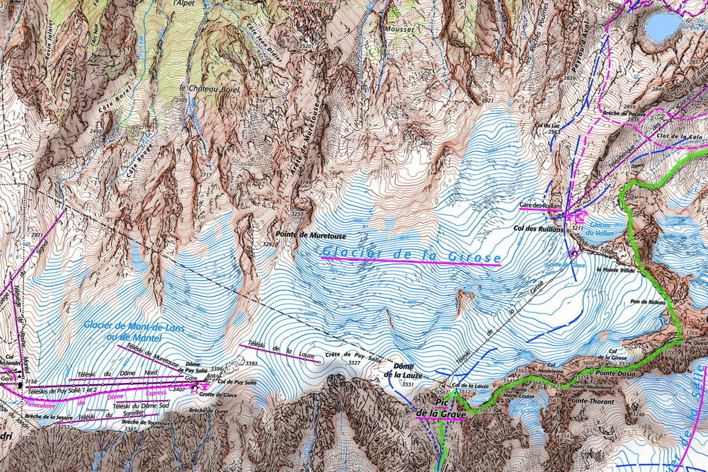 Extrait de la carte du Haut-Dauphiné de H. Duhamel, centré sur le Glacier du Mont-de-Lans
